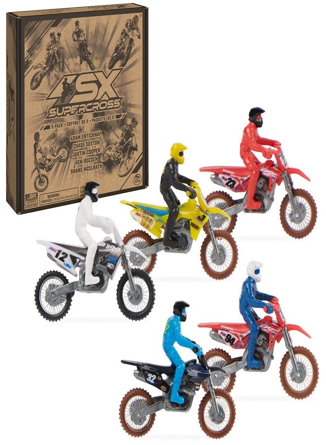 Supercross, Authentic 5-Pack of 1:24 Scale Die-Cast Motorcycles with Rider Figure, Toy Moto Bike for Kids and Collectors Ages 3 and up - Image 1